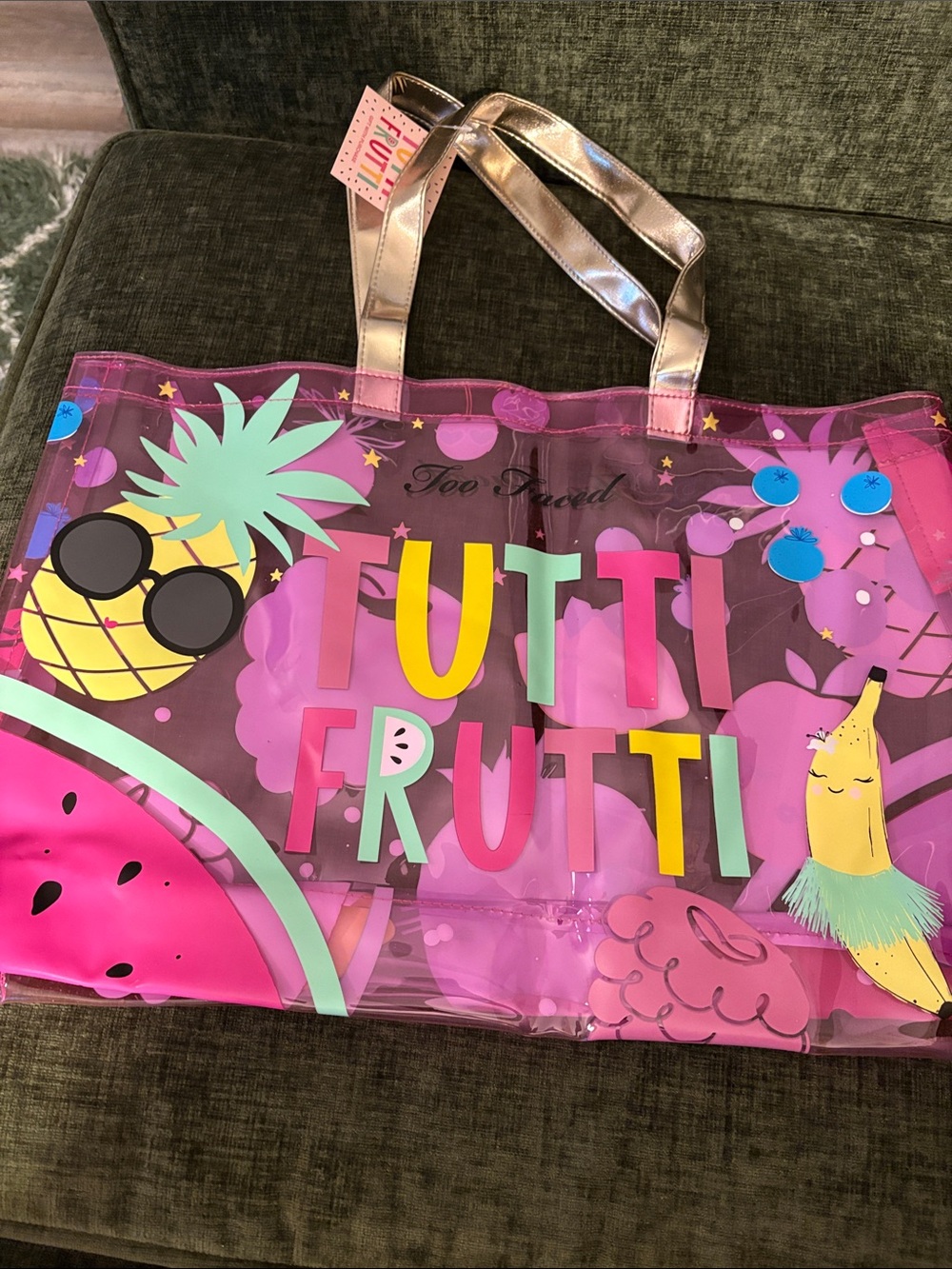 Too Faced Kids Tutti Frutti Clear Pink Beach Tote with Gold Handles